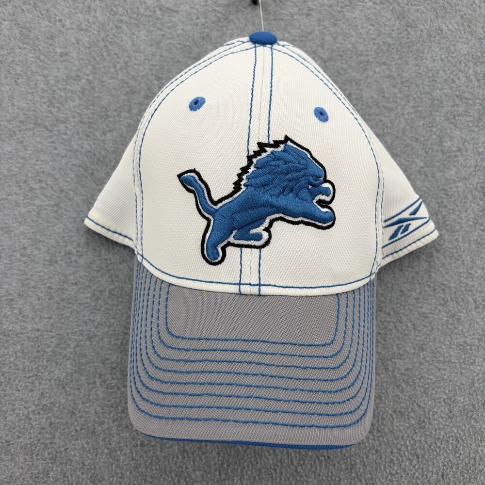 Detroit Lions VTG Reebok On Field Hat L/XL White Blue Gray NFL Stretch Fit Cap